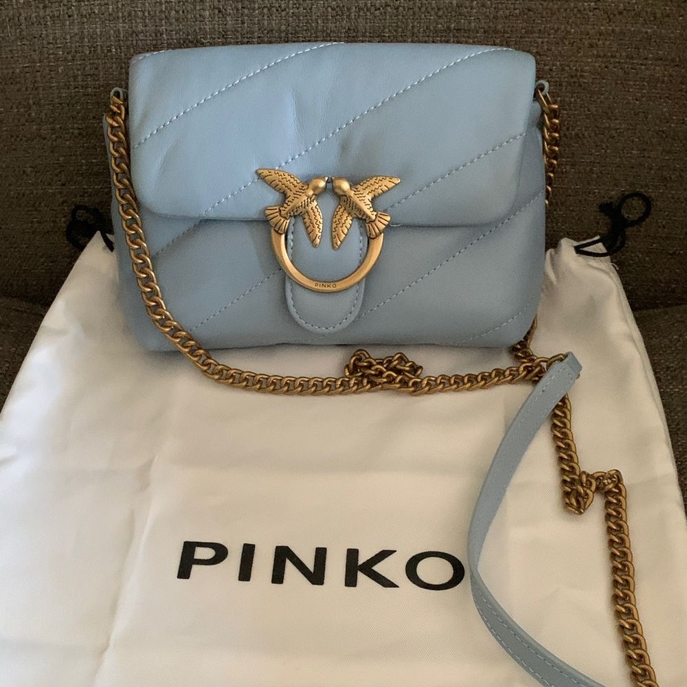 Pinko Light Blue Crossbody Bag with Gold Accents